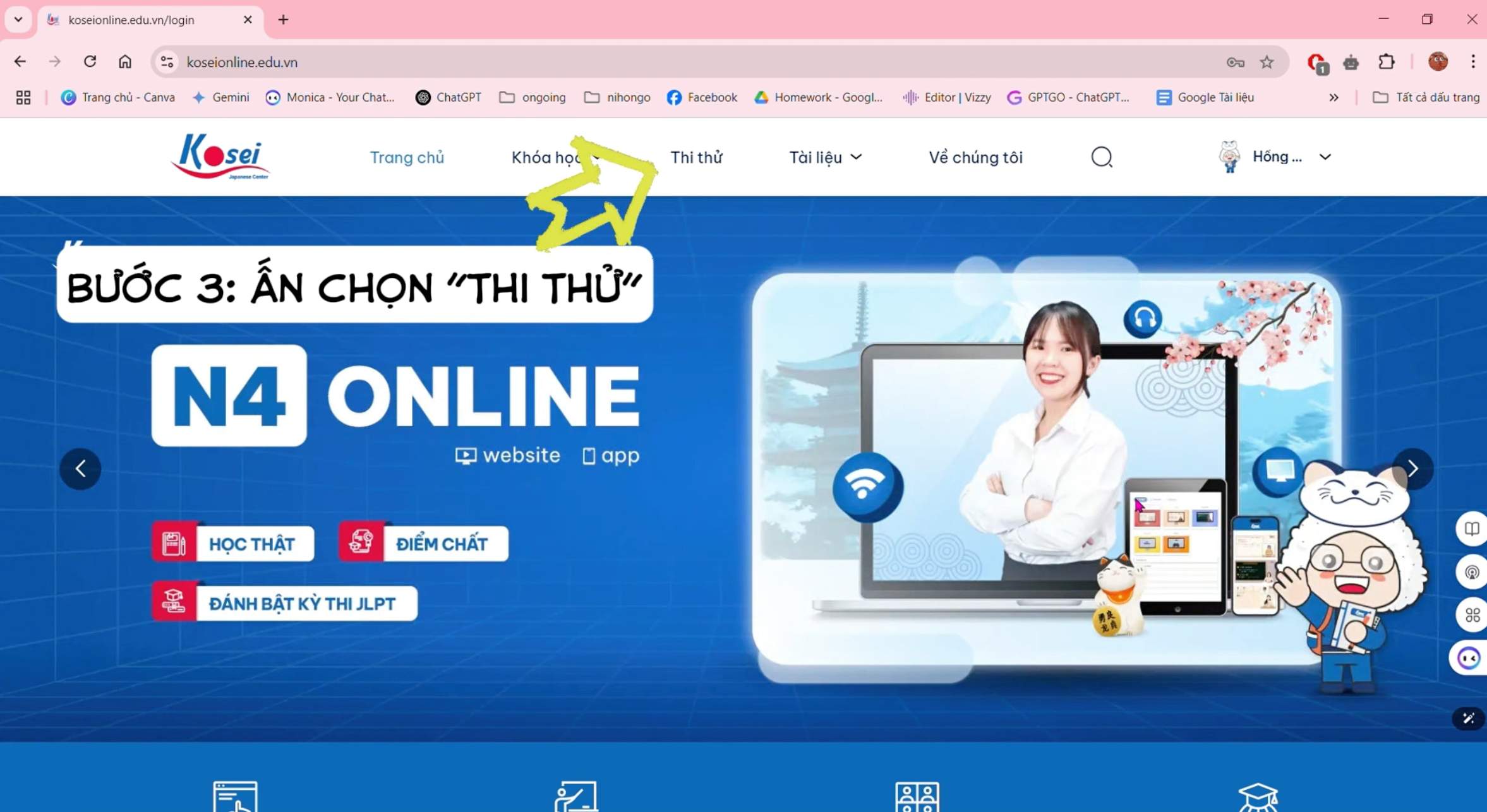 Chọn mục Thi thử để truy cập giao diện thi